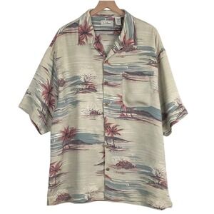L.L. BEAN 100% Silk Loop Collar Camp Shirt Men's XL Short Sleeve Tropical Print